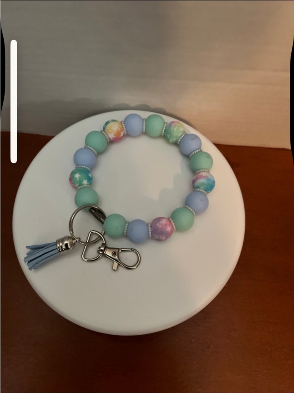 Pastel Bead Keyring Bracelet with Blue Tassel